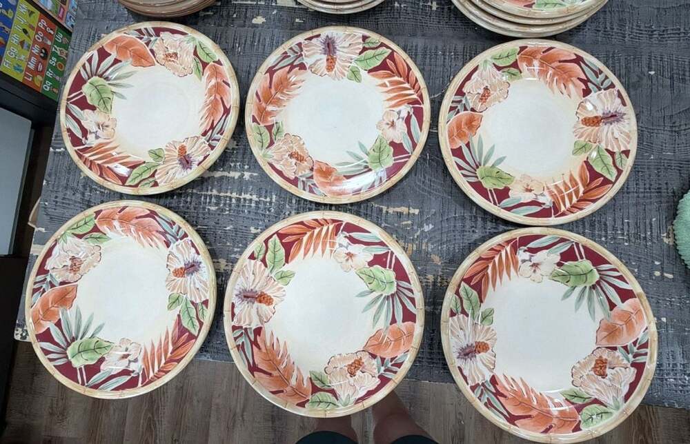 VTG SIX Home Trends Hibiscus Pattern Floral Dinner Plates  Bamboo Rim